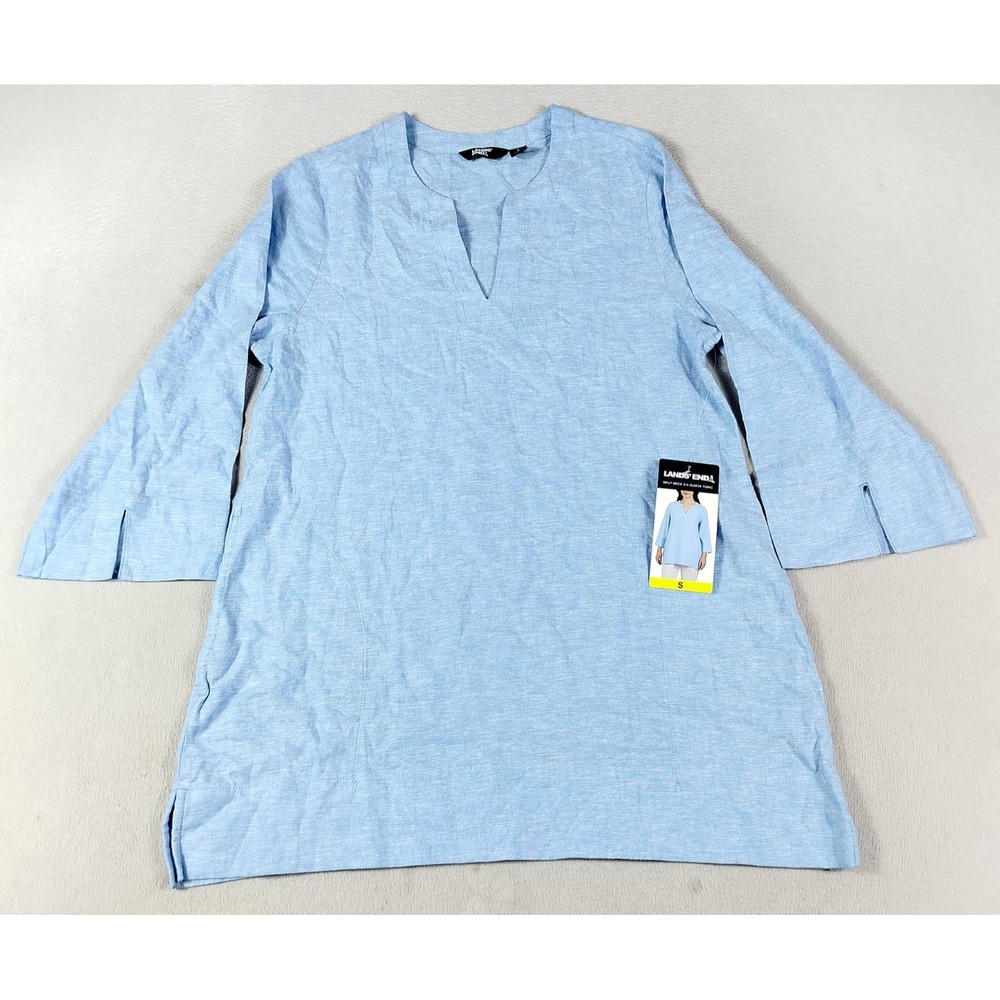 Lands' End Blouse Womens Small Blue Linen Blend Split Neck 3/4 Sleeve Tunic